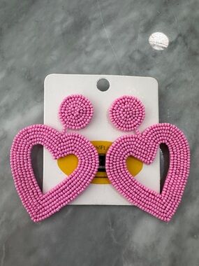 Pink Beaded Heart Drop Earrings